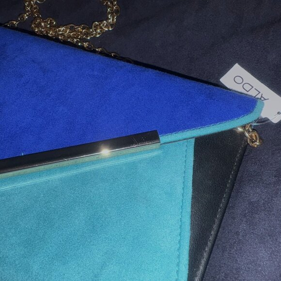 Aldo Color Block Teal and Cobalt Blue Suede Crossbody Clutch Gold Hardware NWT - Picture 12 of 12